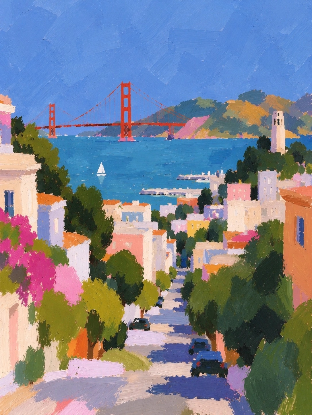 GPT Image 2.5 official example: impressionist San Francisco street and bay
