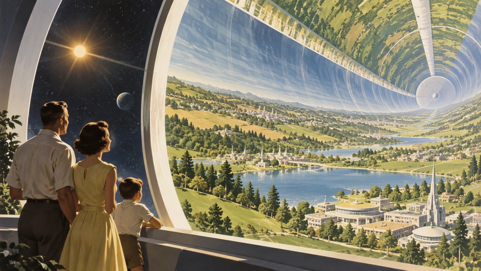 GPT Image 2.5 official example: a family looks into a vast illustrated space habitat