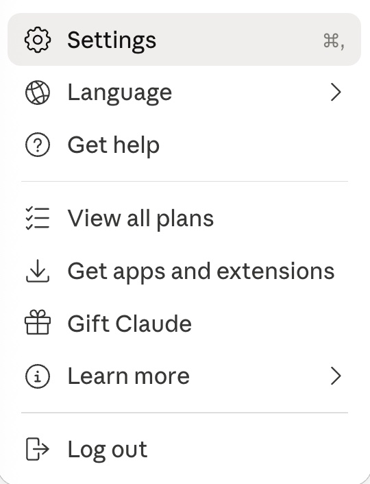 Claude Code Desktop lower-left profile menu with Settings option